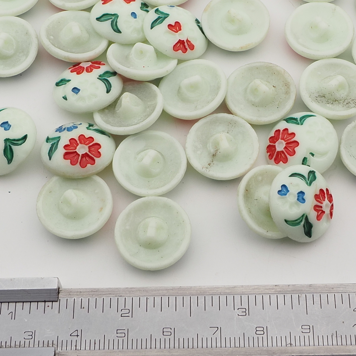 Lot (33) Vintage Czech floral uranium glass buttons 18mm hand painted