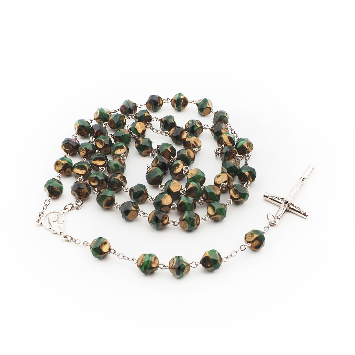Handmade 5 decade rosary metallic glass beads silver tone crucifix