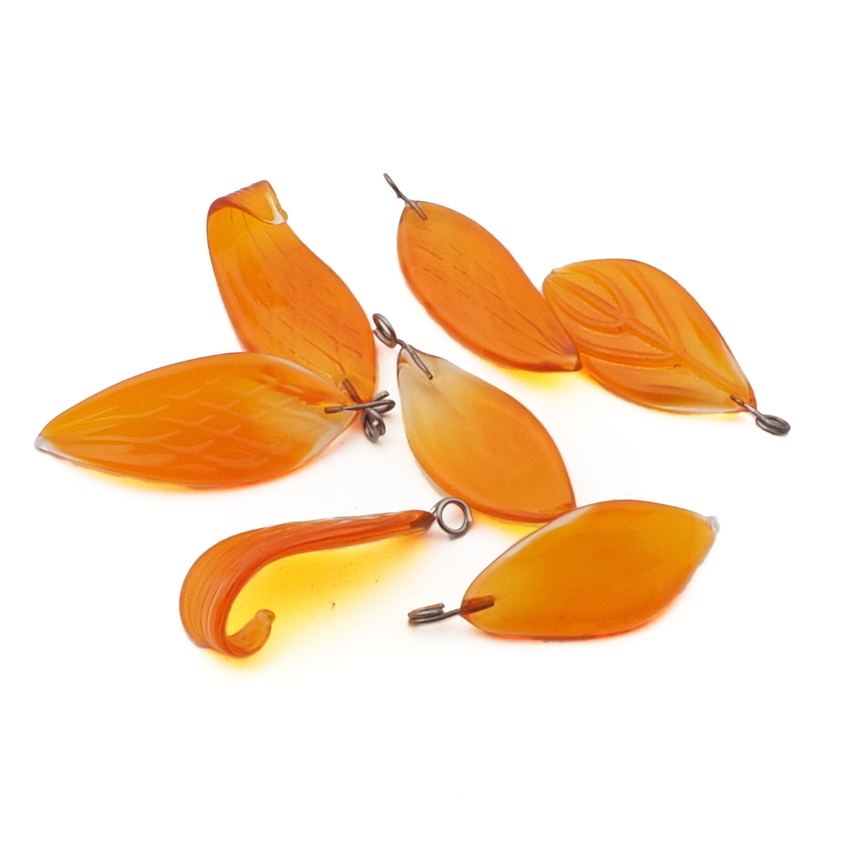 Lot (7) Czech orange amber lampwork glass flower leaf pendant beads