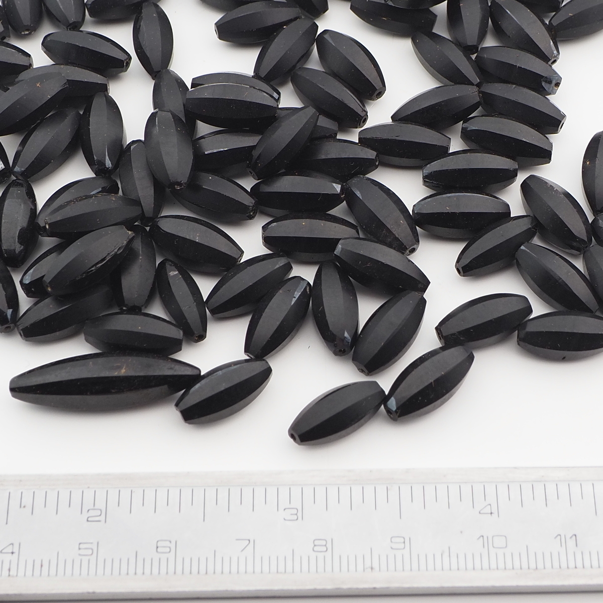 Lot (93) Czech antique oval melon faceted matte black glass beads 14mm