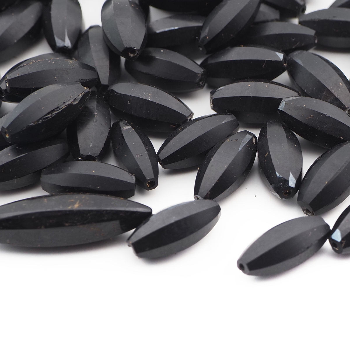 Lot (93) Czech antique oval melon faceted matte black glass beads 14mm