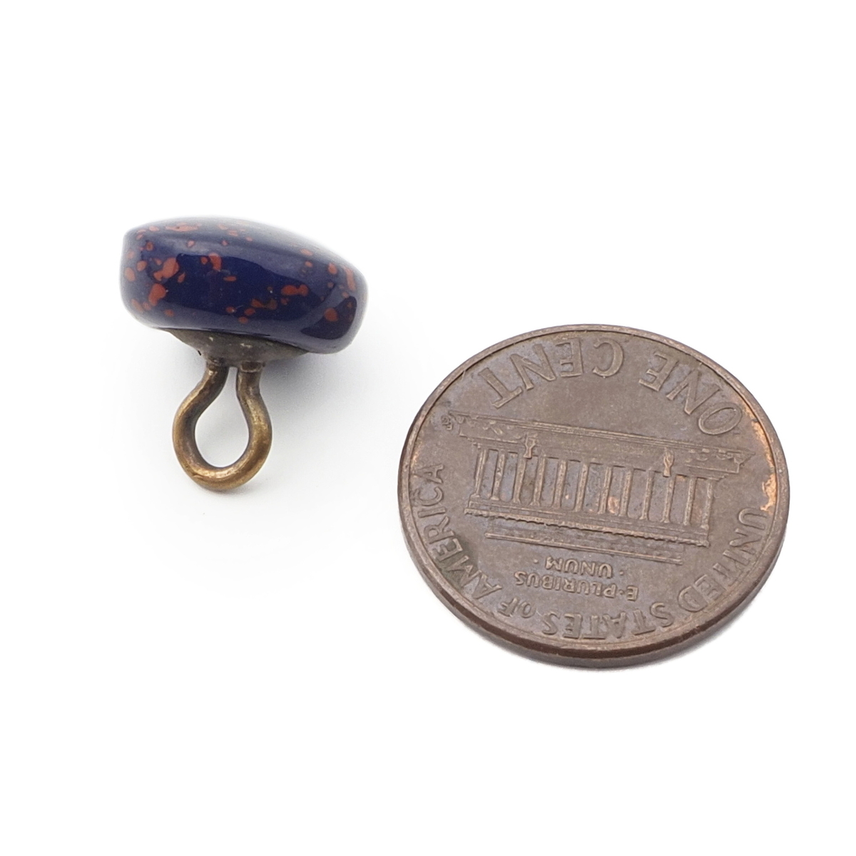 Antique Czech orange spatter blue lampwork glass button 12mm
