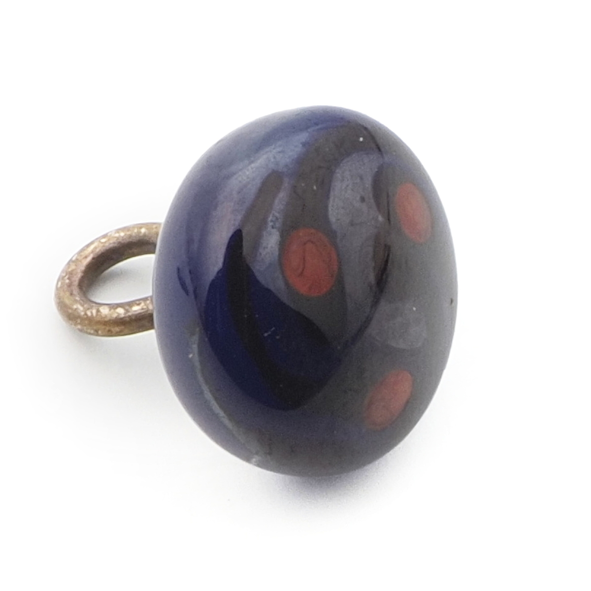 Antique Czech orange spot blue lampwork glass button 12mm