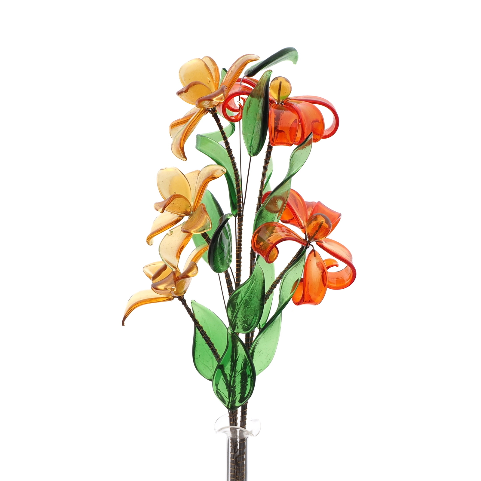 Czech lampwork glass bead orange yellow flower stem and vase decoration
