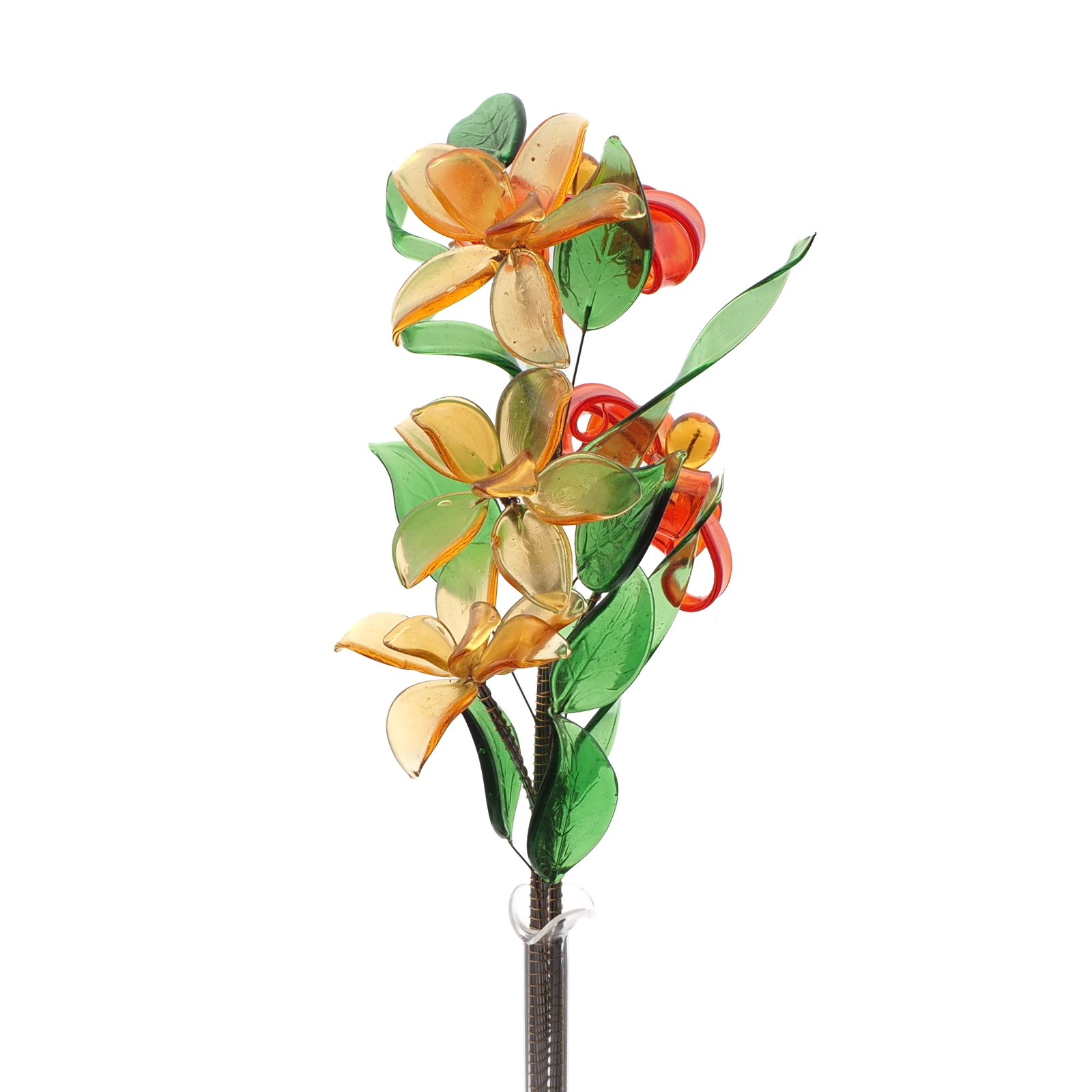 Czech lampwork glass bead orange yellow flower stem and vase decoration