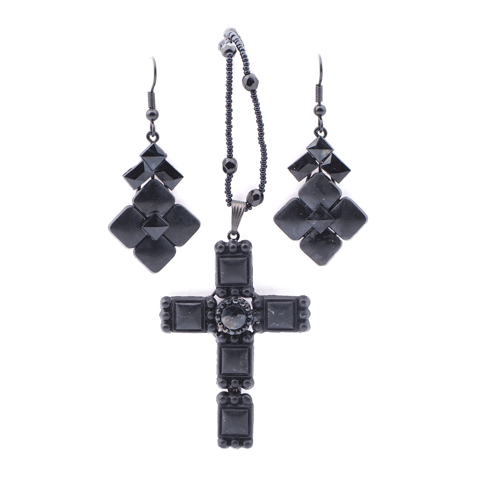 Czech black mourning glass Victorian style crucifix necklace and earring set