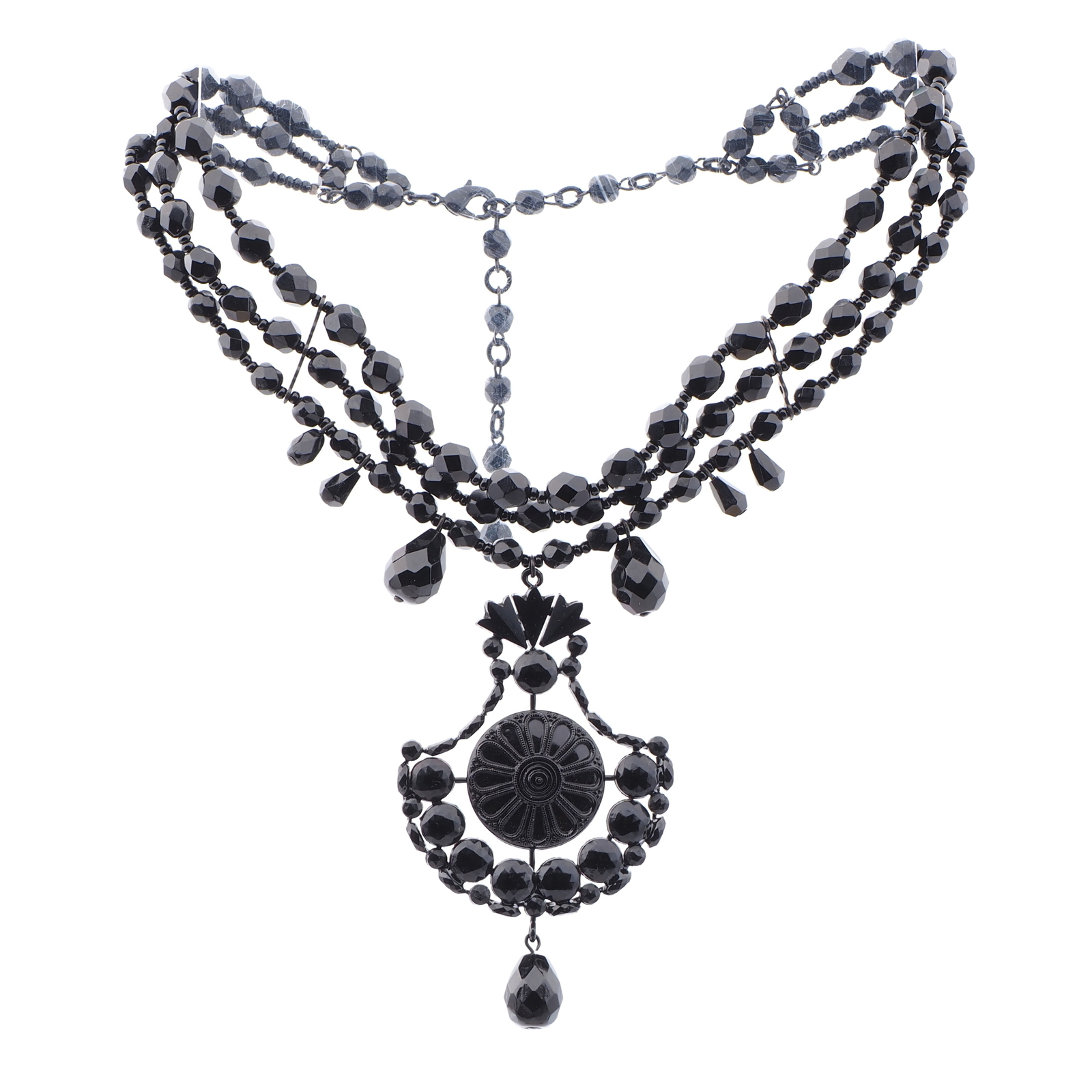 Czech jet black mourning glass choker necklace and pendant