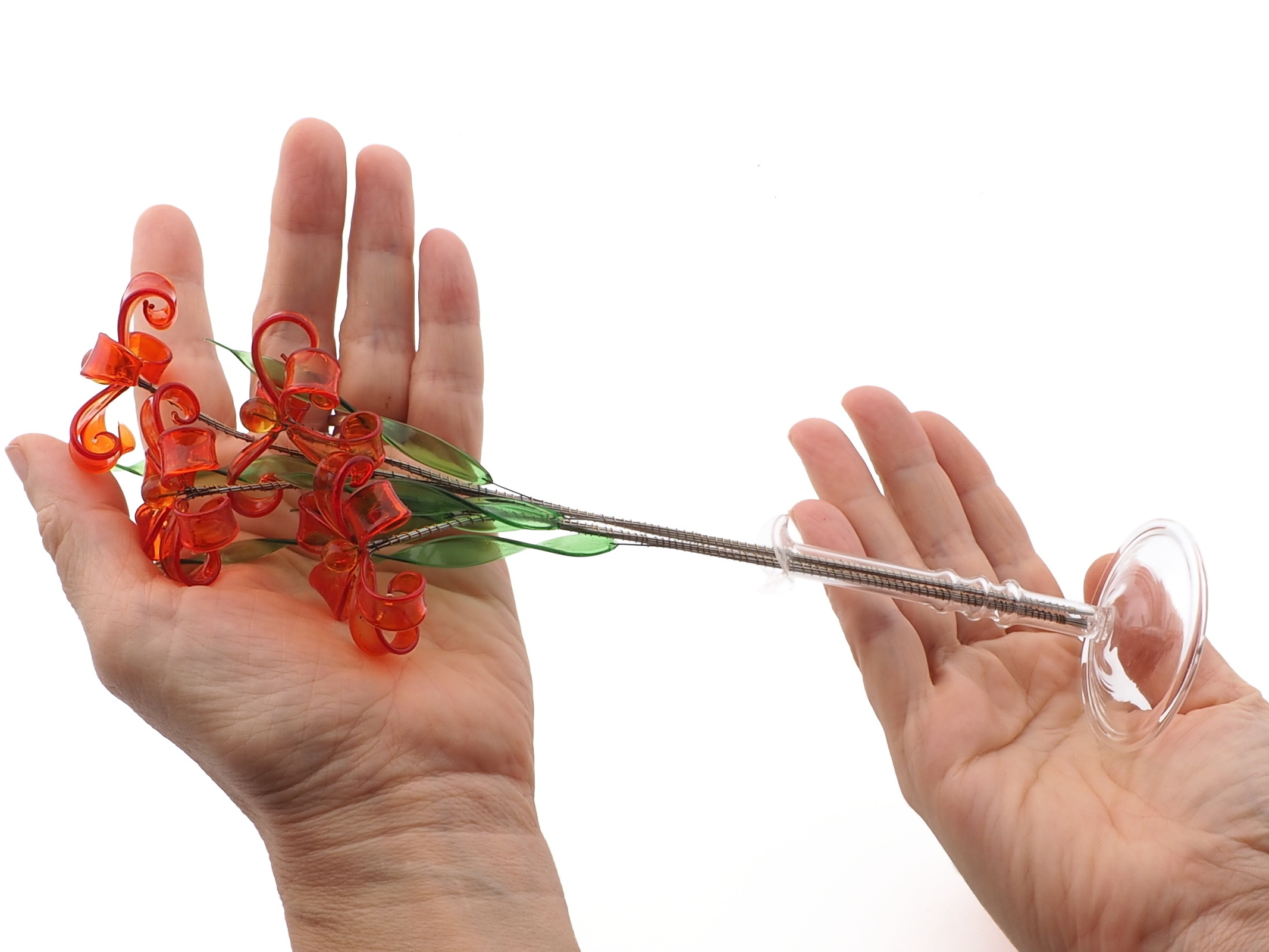Czech handcrafted lampwork glass bead orange flower stem and vase decoration
