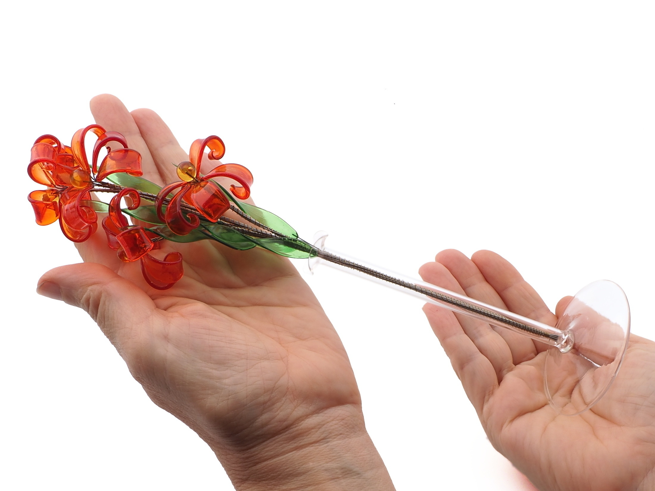 Czech lampwork glass bead orange flower stem and vase ornament