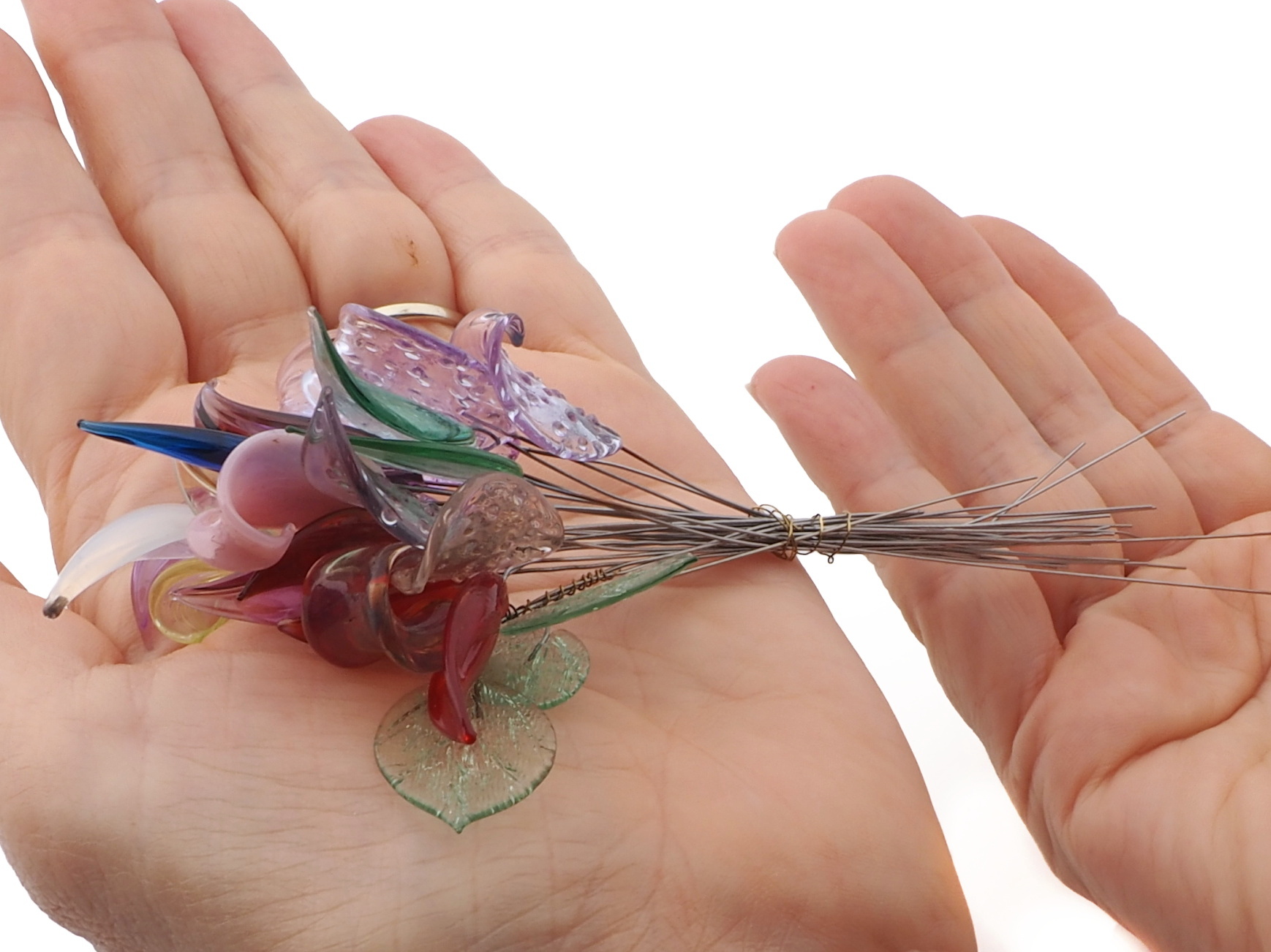 Lot (27) Czech lampwork glass flower leaf and petal headpin stem craft beads