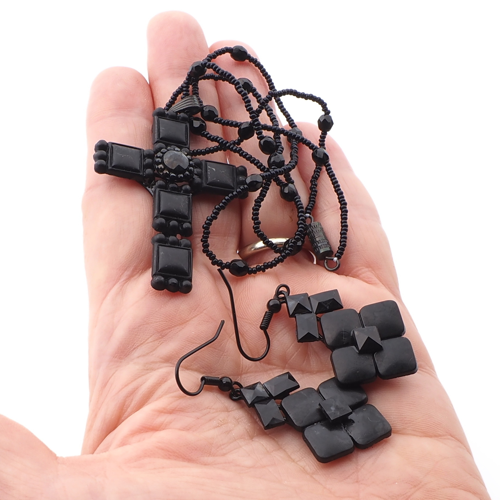 Czech black mourning glass Victorian style crucifix necklace and earring set