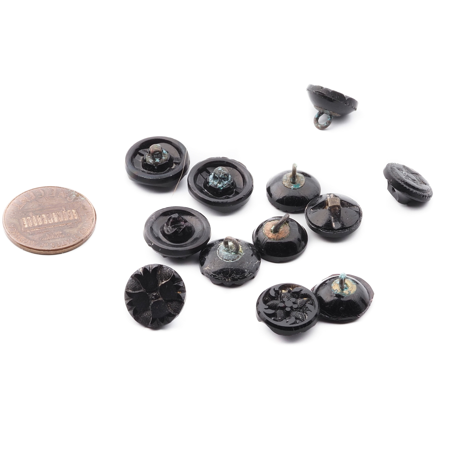 Lot (12) Czech antique Victorian geometric floral round black glass buttons