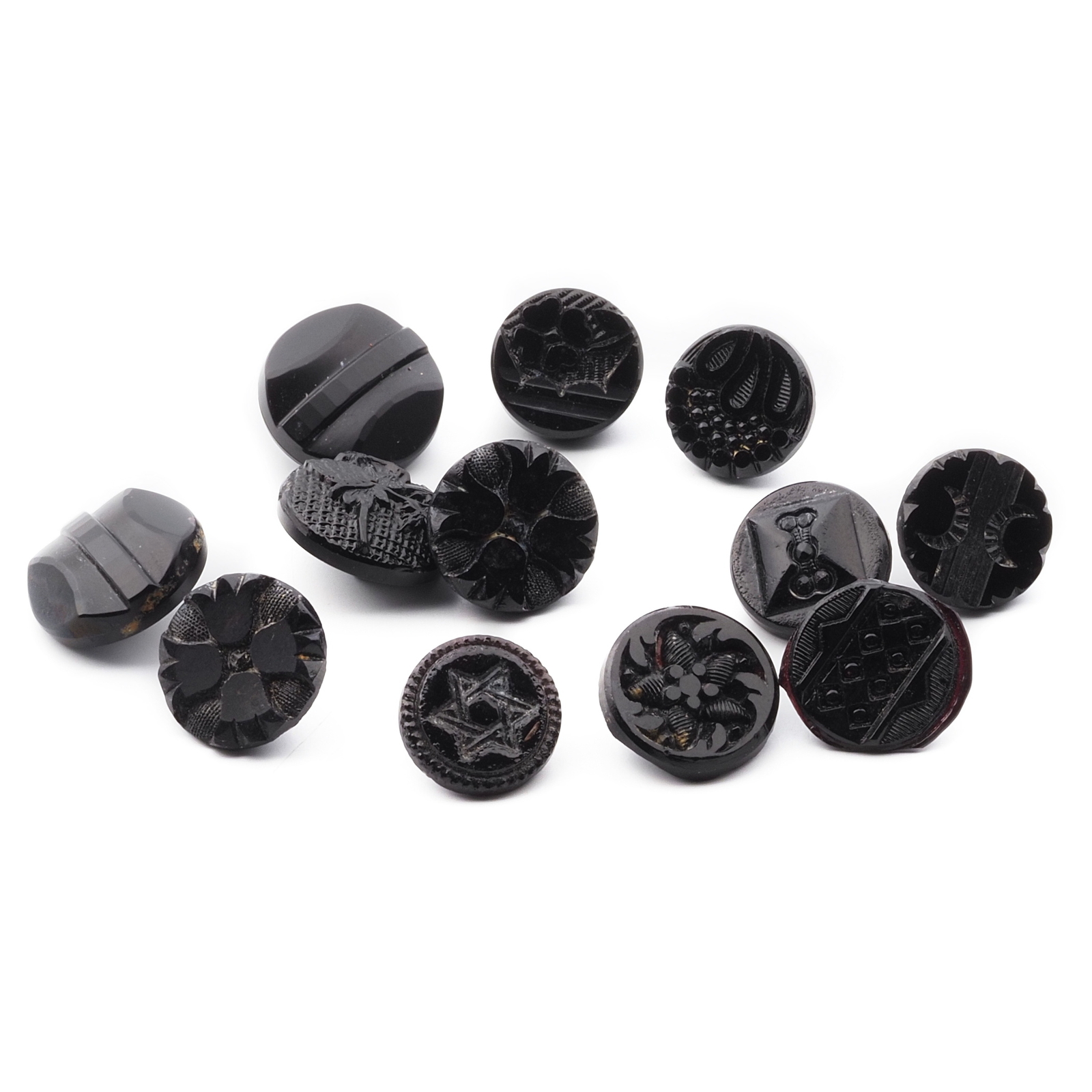 Lot (12) Czech antique Victorian geometric floral round black glass buttons