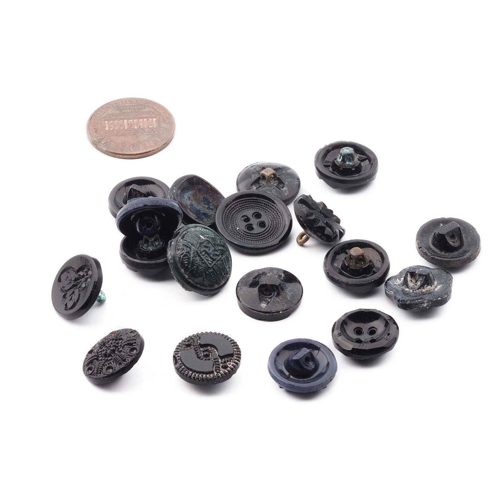 Lot (18) Czech Victorian Deco antique small black blue glass buttons