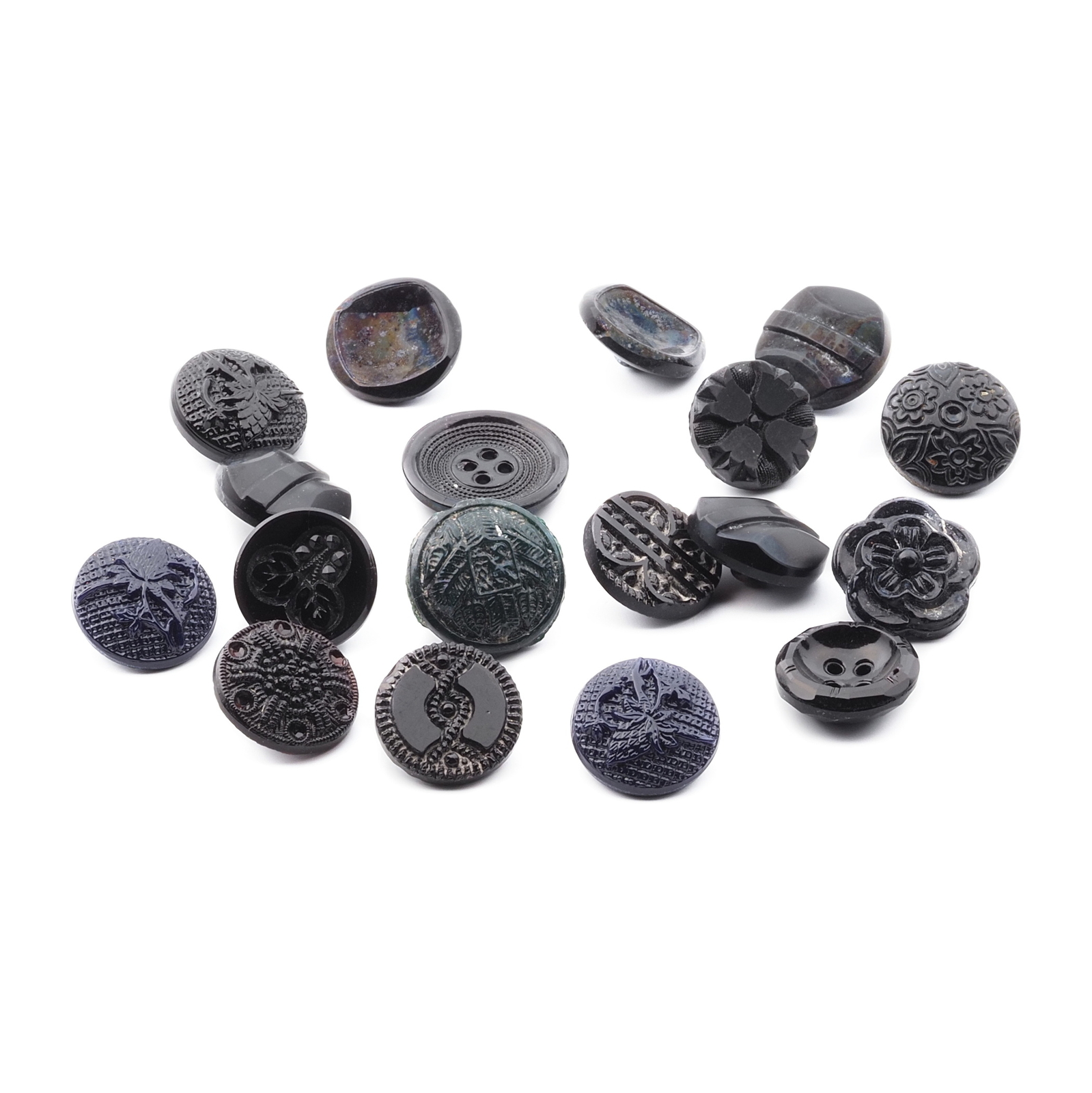 Lot (18) Czech Victorian Deco antique small black blue glass buttons