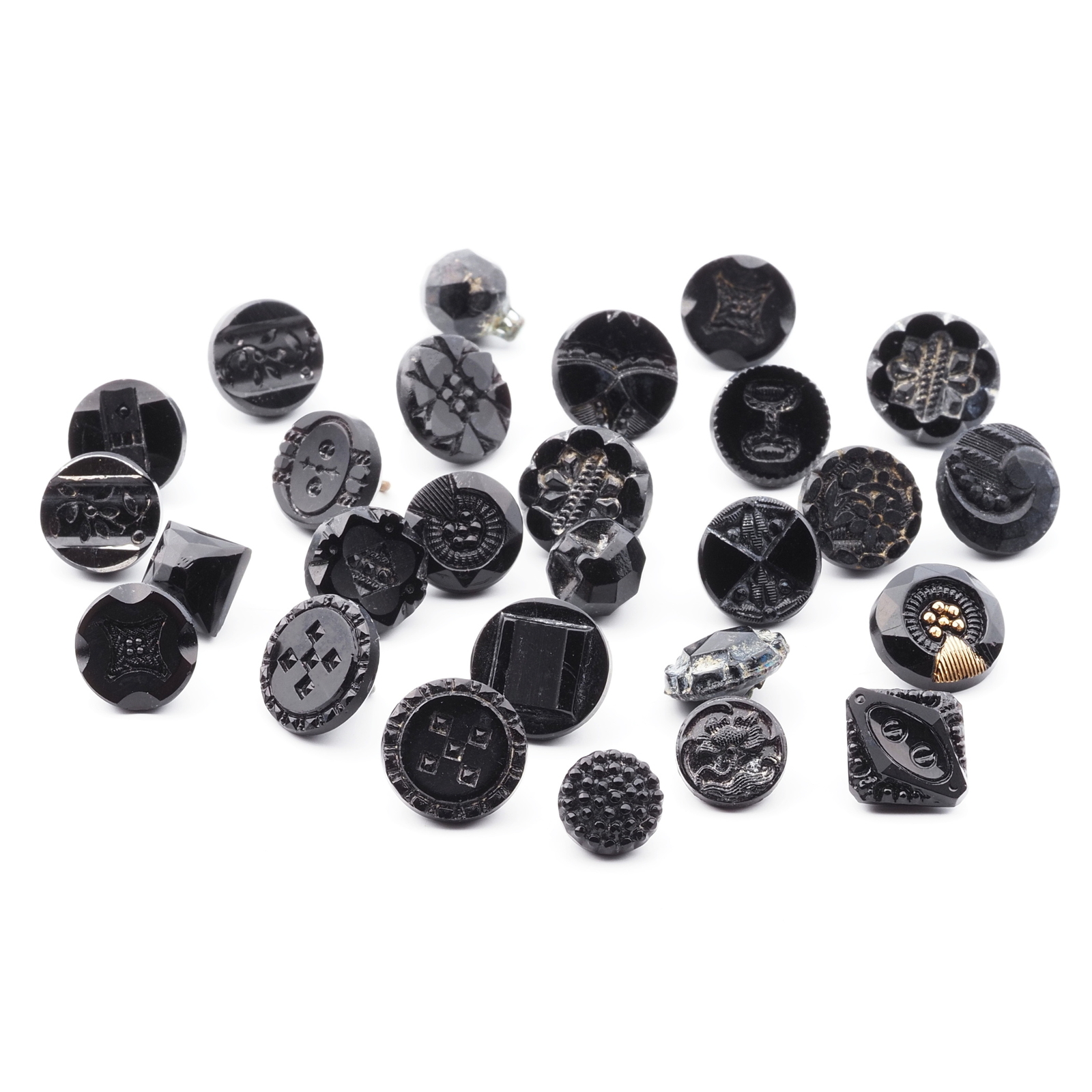 Lot (27) Czech antique Victorian geometric floral small black glass buttons