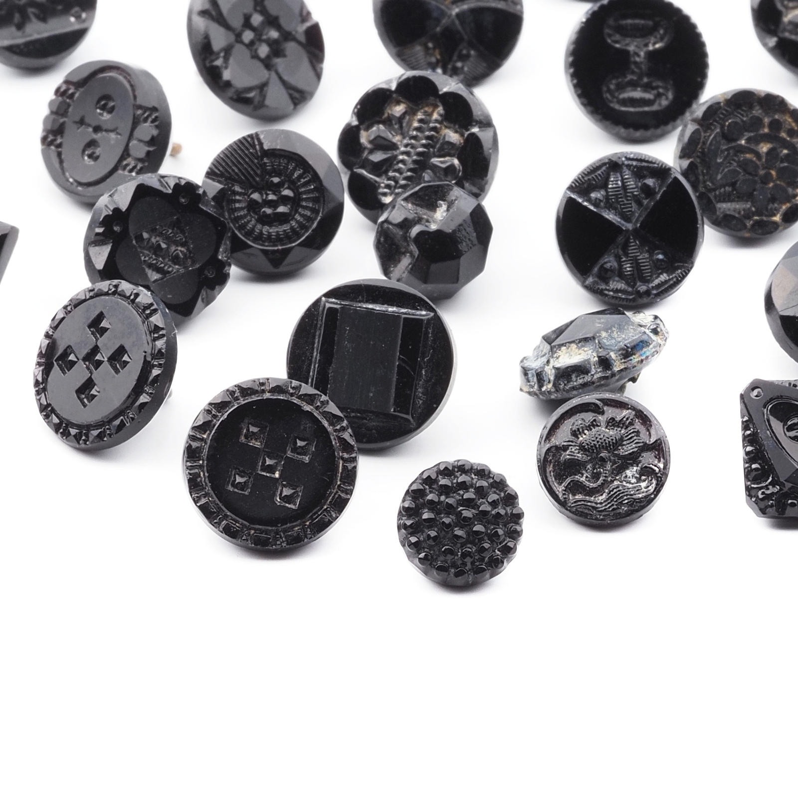 Lot (27) Czech antique Victorian geometric floral small black glass buttons