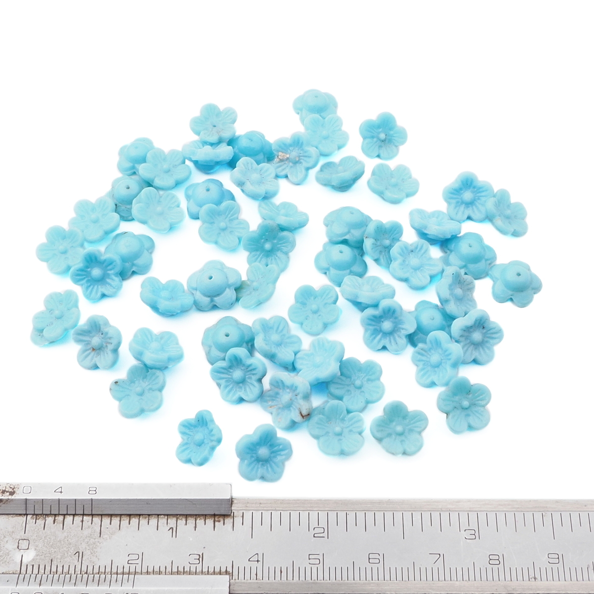 Lot (50) Antique Czech pale blue flower headpin glass beads button elements 9mm