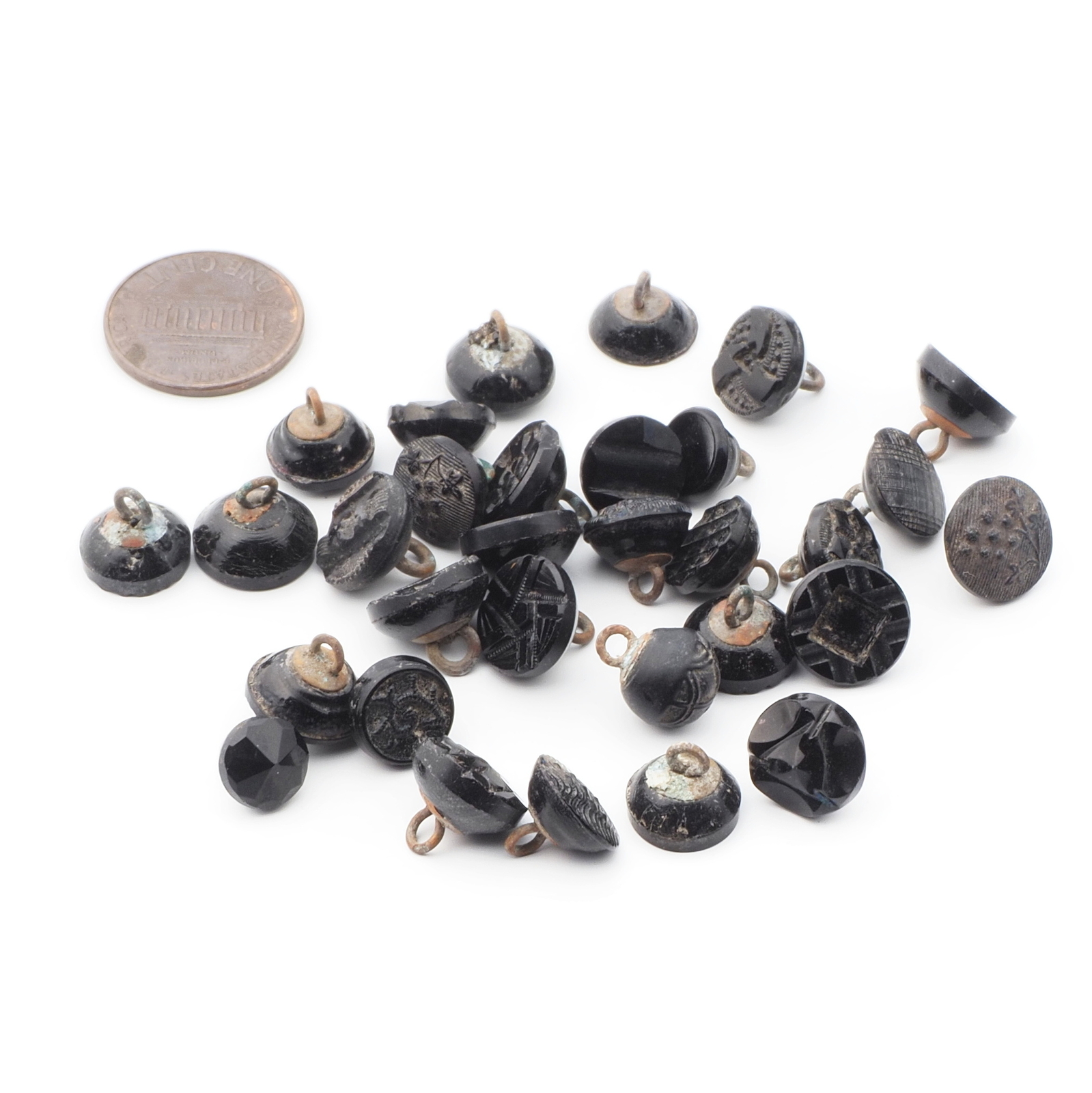 Lot (31) Czech antique Victorian geometric floral small black glass buttons