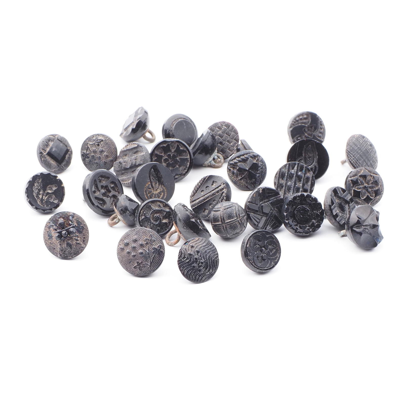Lot (31) Czech antique Victorian geometric floral small black glass buttons
