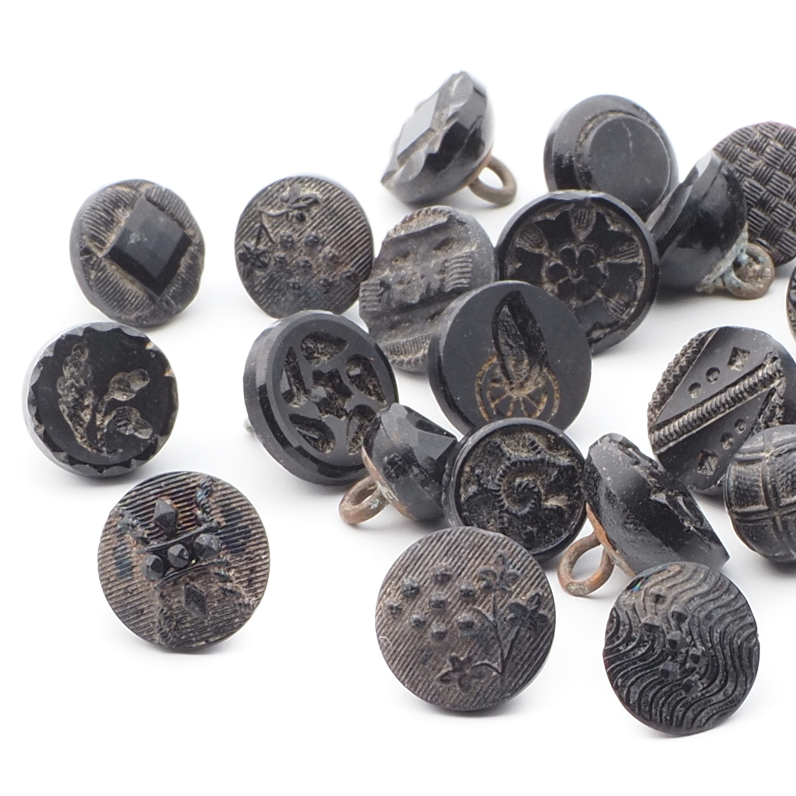 Lot (31) Czech antique Victorian geometric floral small black glass buttons
