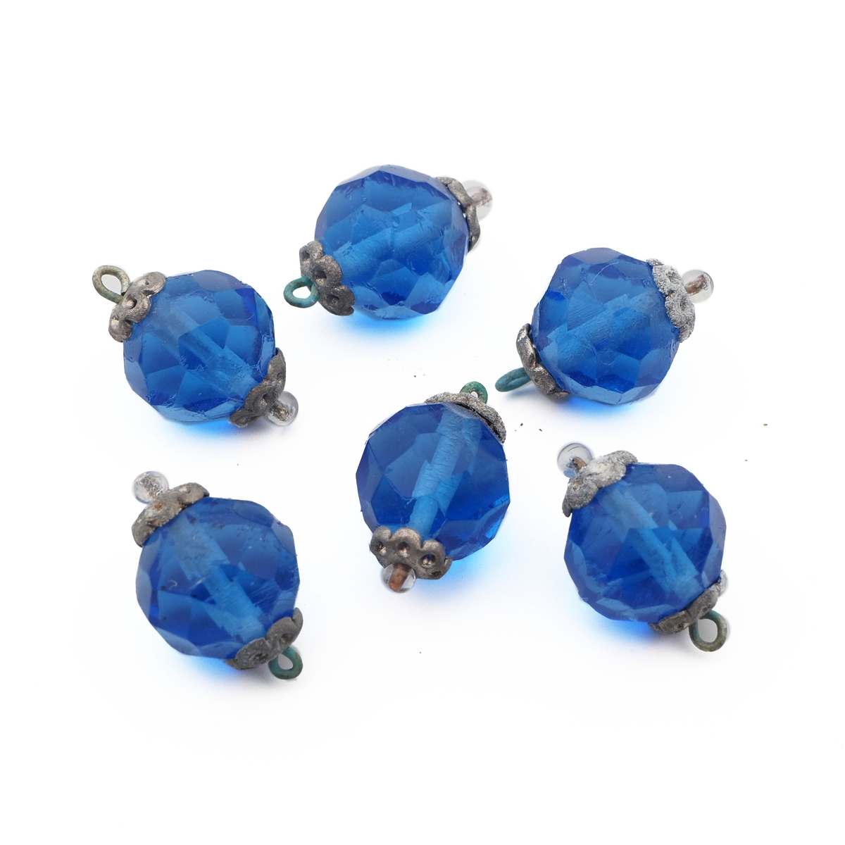 Lot (6) antique Czech blue round faceted pendant glass beads 12mm
