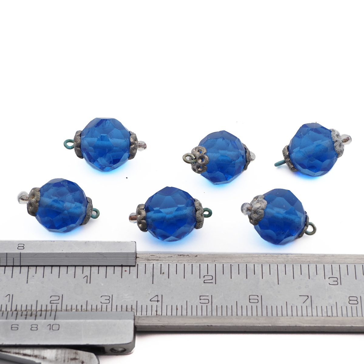 Lot (6) antique Czech blue round faceted pendant glass beads 12mm