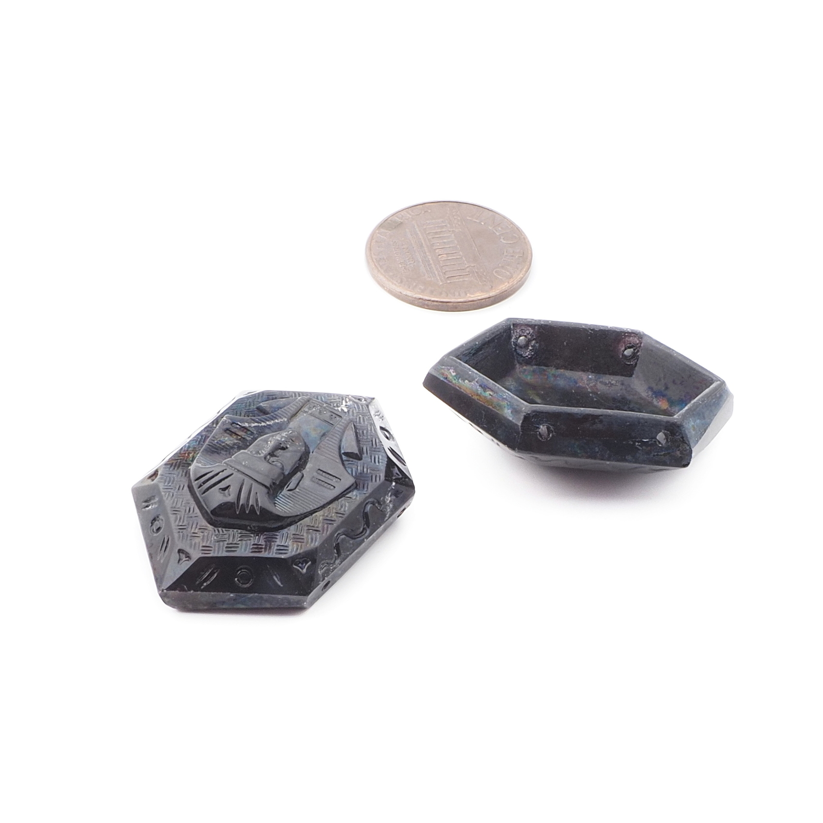 Lot (2) Antique Deco Czech 2 hole hexagon Egyptian revival Pharaoh black connector glass beads