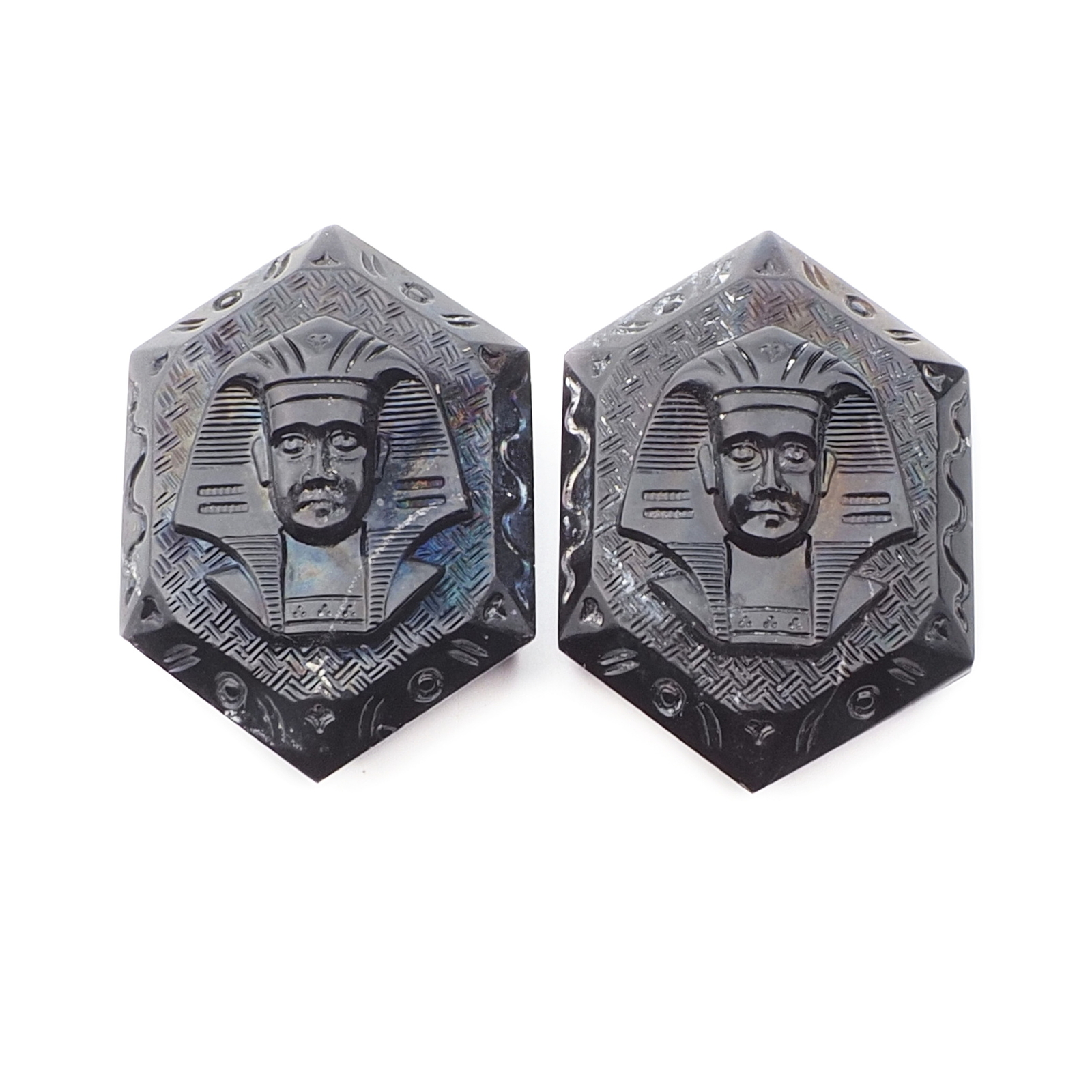 Lot (2) Antique Deco Czech 2 hole hexagon Egyptian revival Pharaoh black connector glass beads