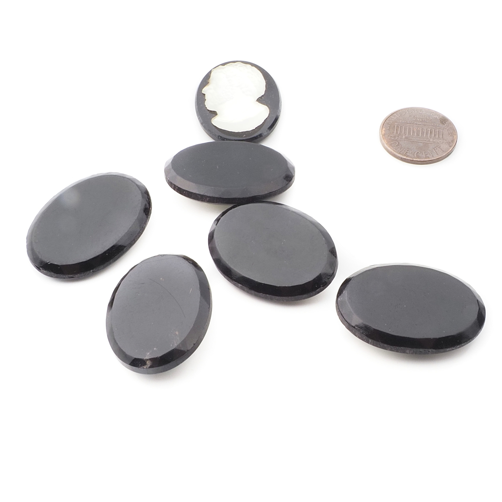 Lot (6) Czech vintage black crystal cameo glass cabochons 30x22mm