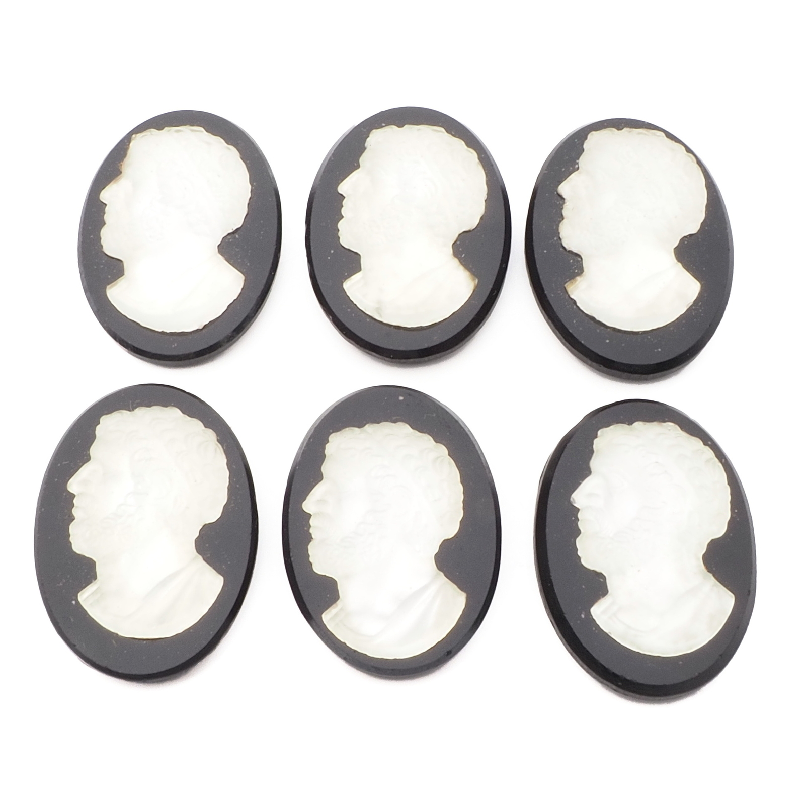 Lot (6) Czech vintage black crystal cameo glass cabochons 30x22mm