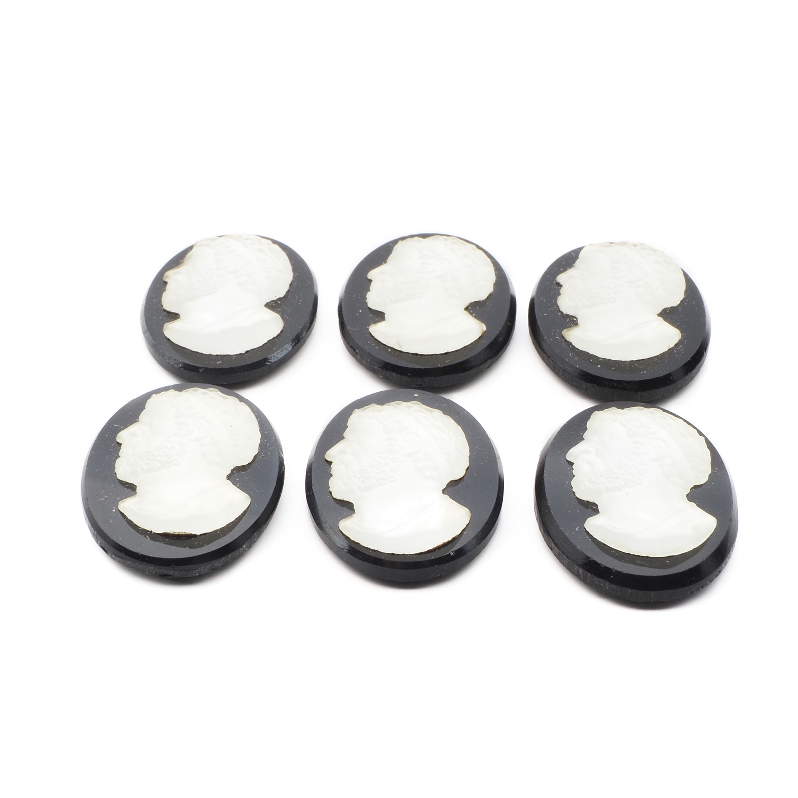 Lot (6) Czech vintage black crystal cameo glass cabochons 30x22mm