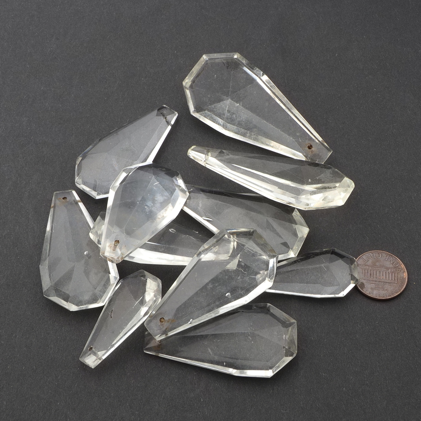 Lot (11) Czech vintage crystal clear octagon teardrop half cut glass chandelier prisms
