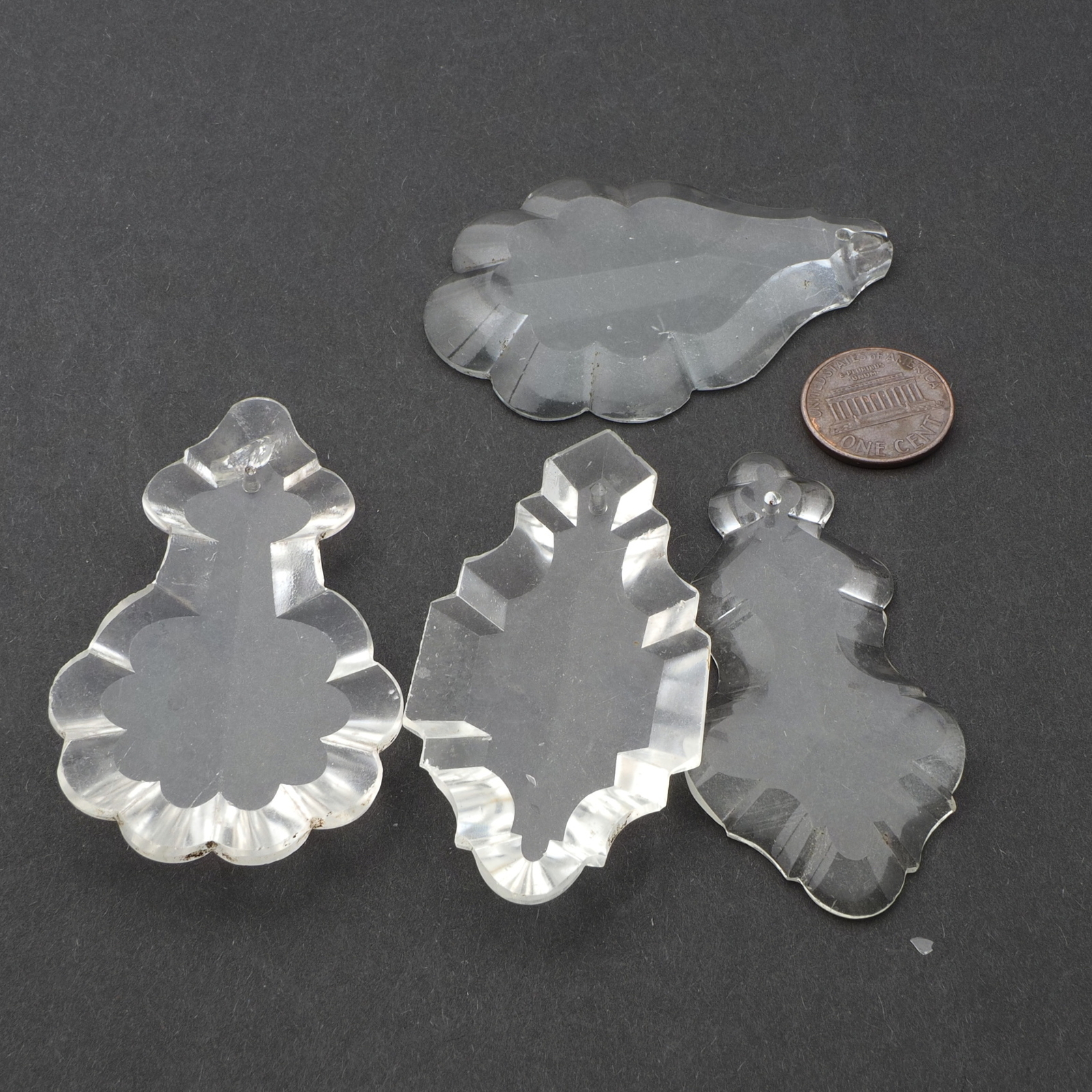 Lot (4) Czech vintage crystal clear half cut baroque glass chandelier prisms