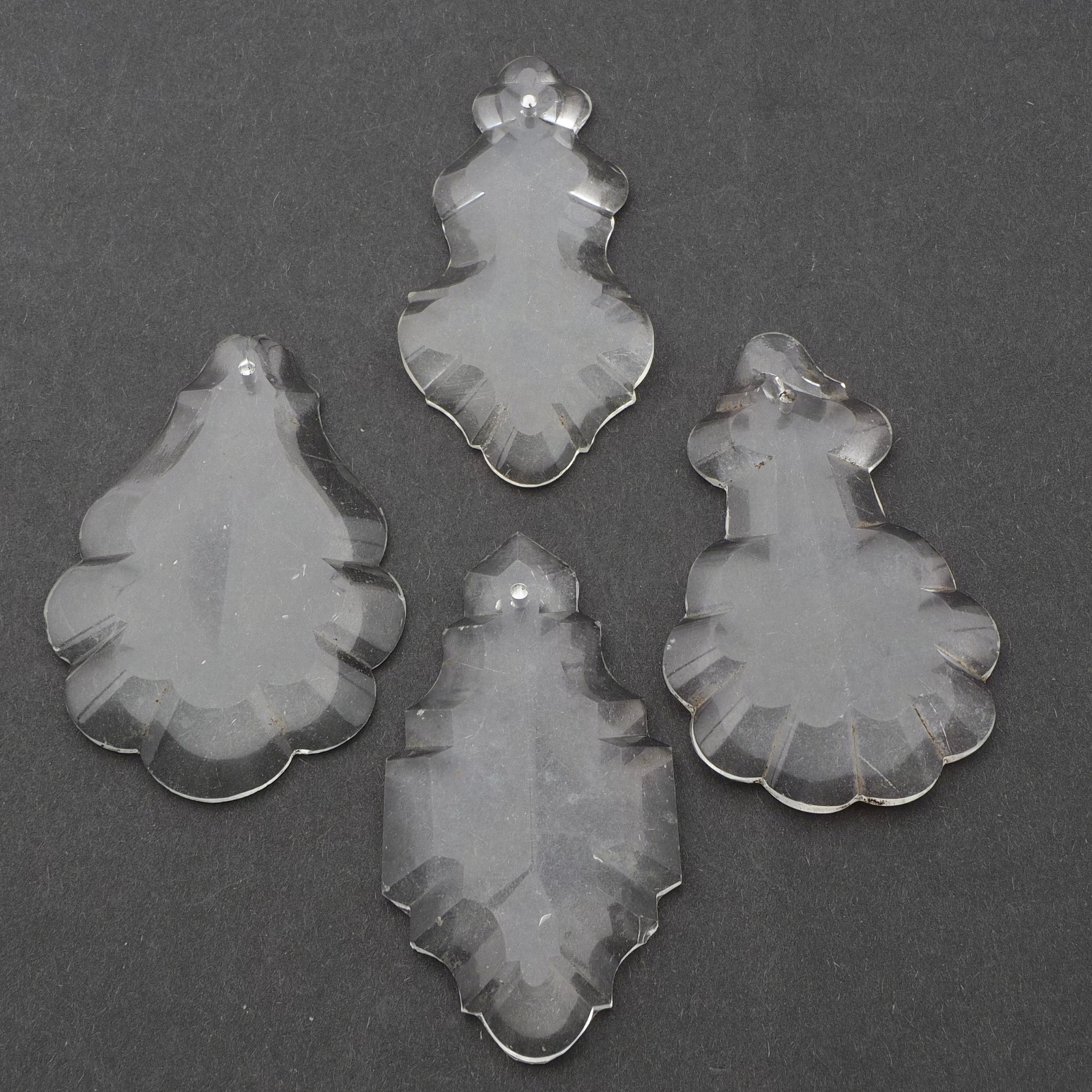 Lot (4) Czech vintage crystal clear half cut baroque glass chandelier prisms