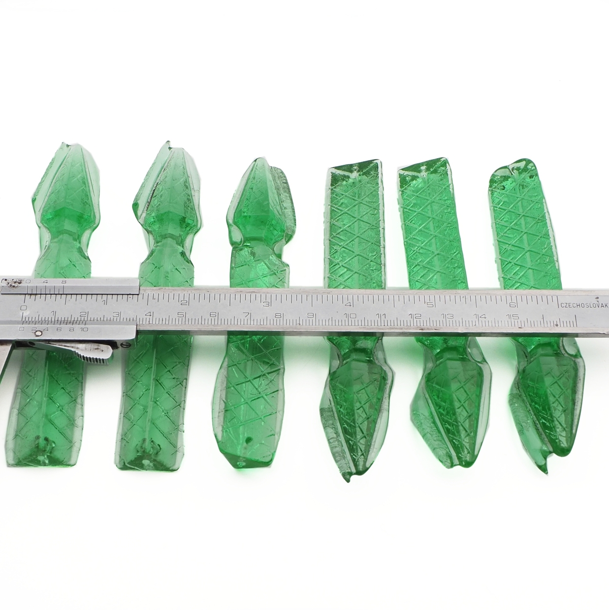 Vintage Czech uranium green glass colonial spear Chandelier prism unfinished 4.8"