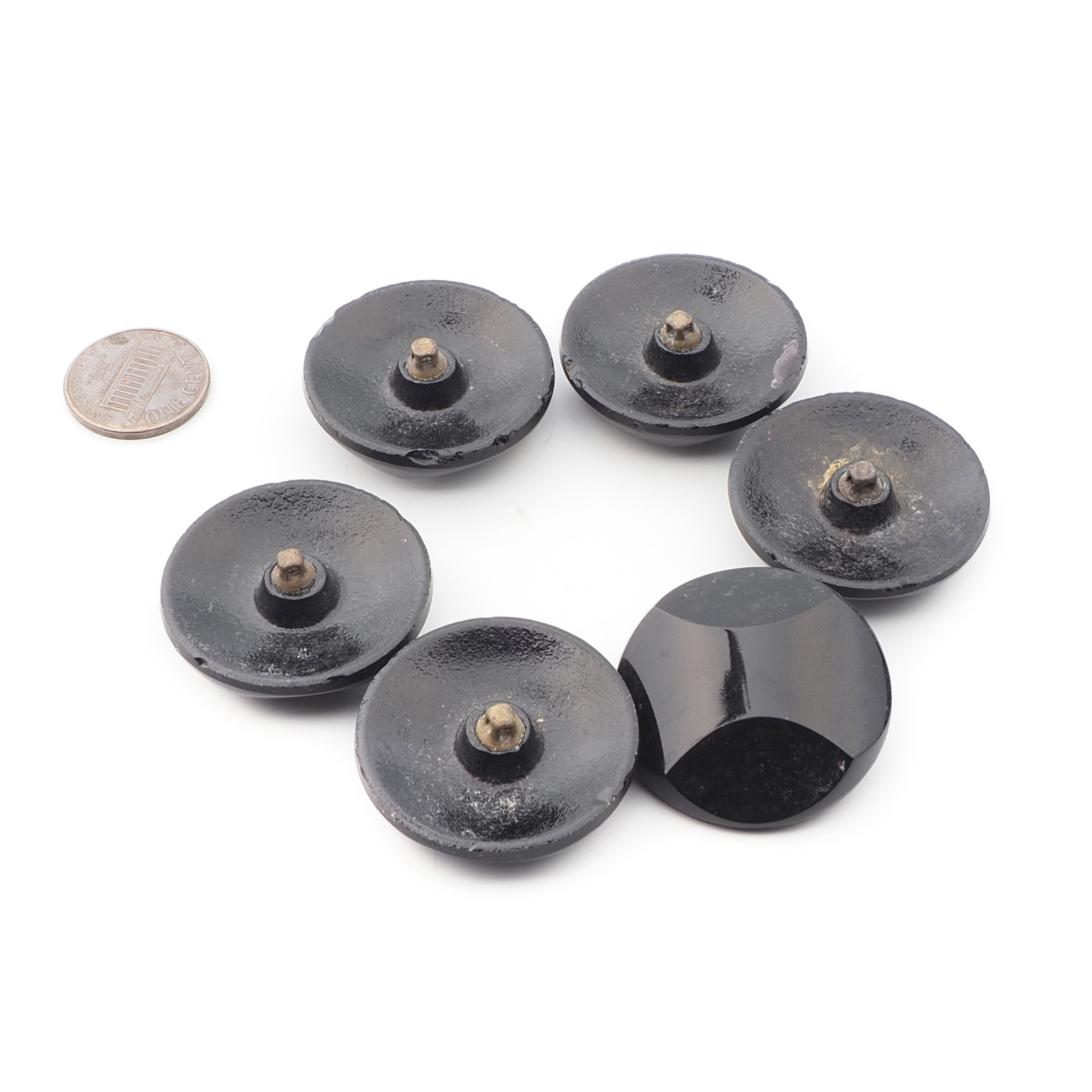 Lot (6) large vintage Czech black glass buttons 32mm