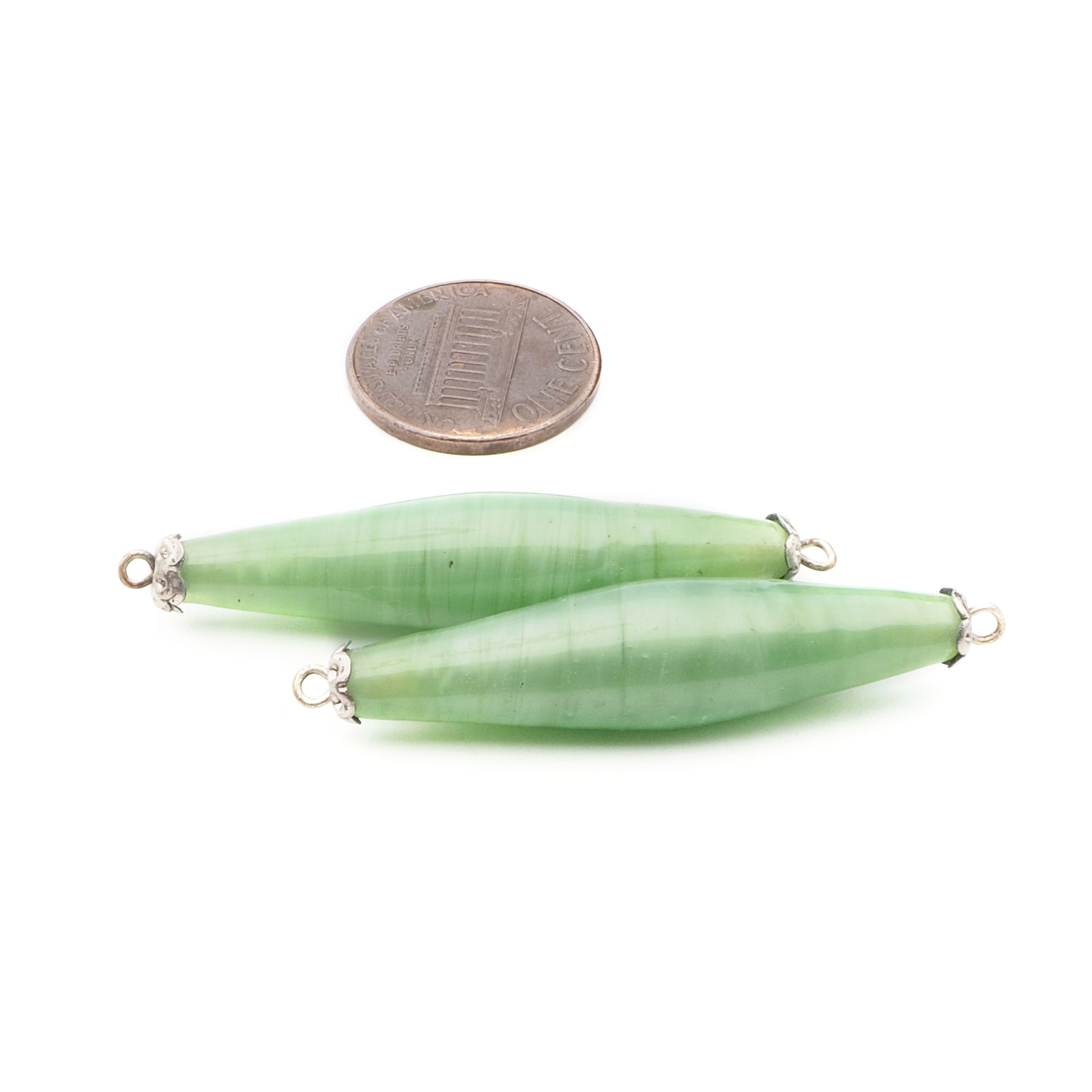 Lot (2) Czech antique green satin cased oval connector lampwork glass beads 42mm