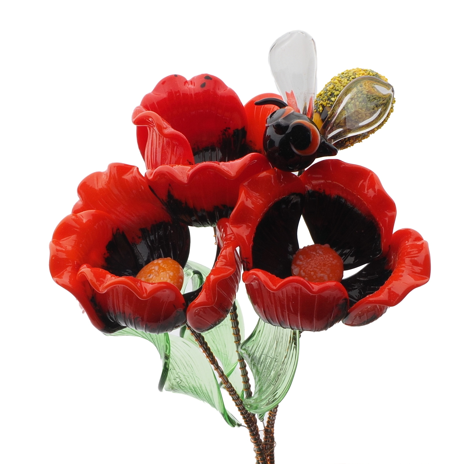 Czech lampwork glass bead red poppy flowers and bee stem ornament