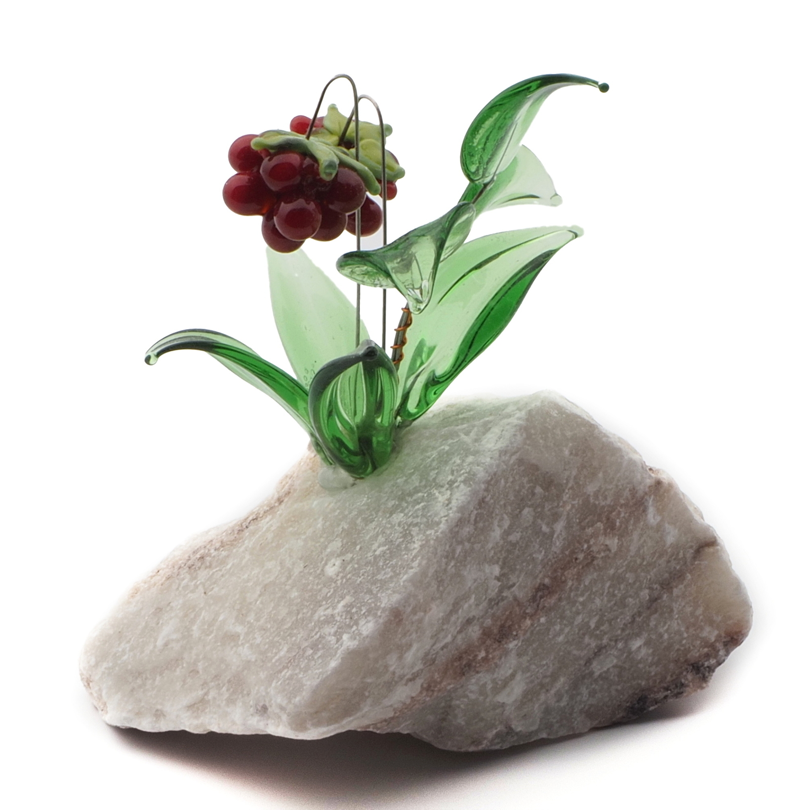 Czech lampwork glass bead wild alpine flower berries on stone art ornament 