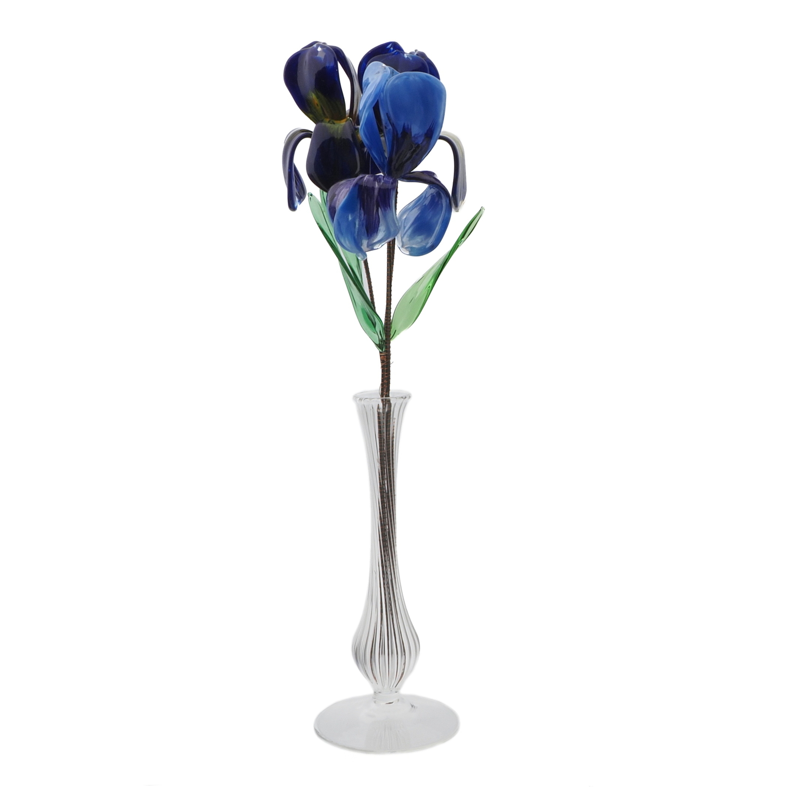 Czech lampwork glass bead blue iris flowers stem ornament