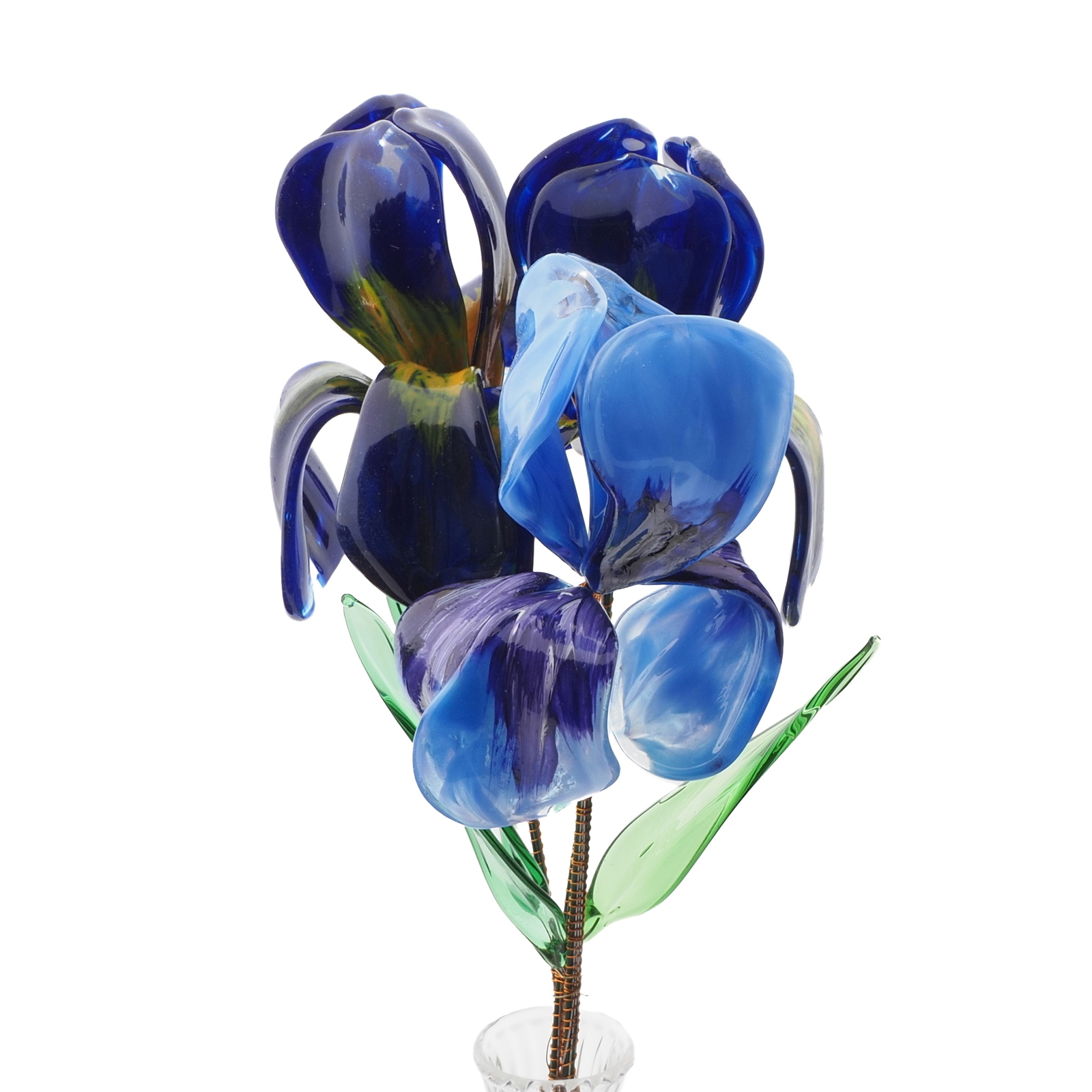 Czech lampwork glass bead blue iris flowers stem ornament