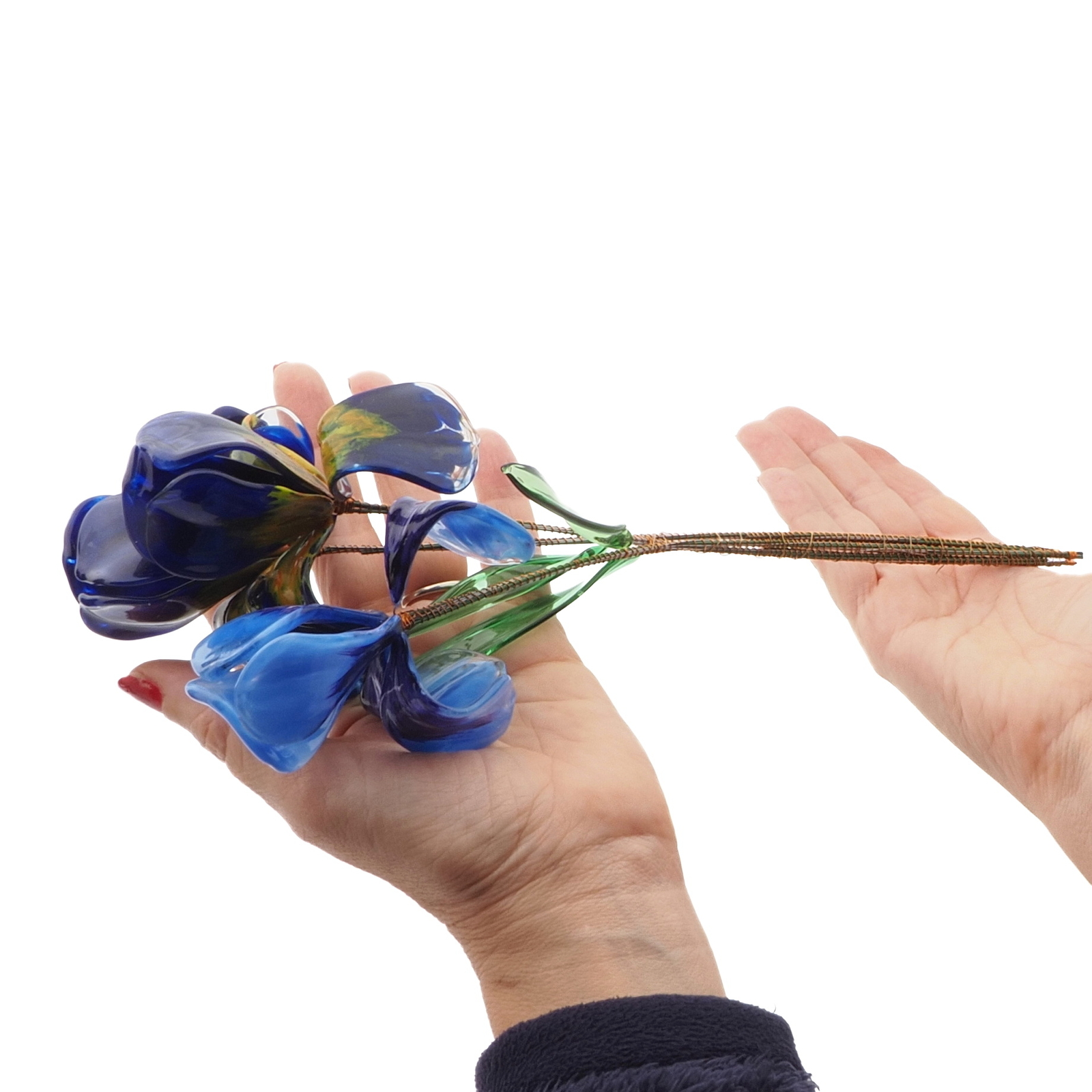 Czech lampwork glass bead blue iris flowers stem ornament