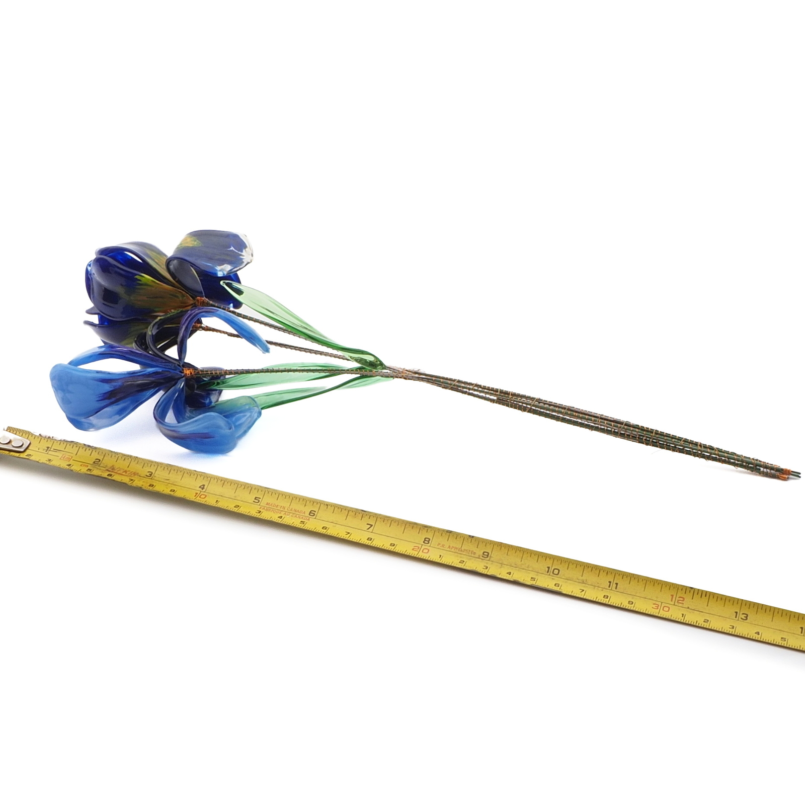 Czech lampwork glass bead blue iris flowers stem ornament
