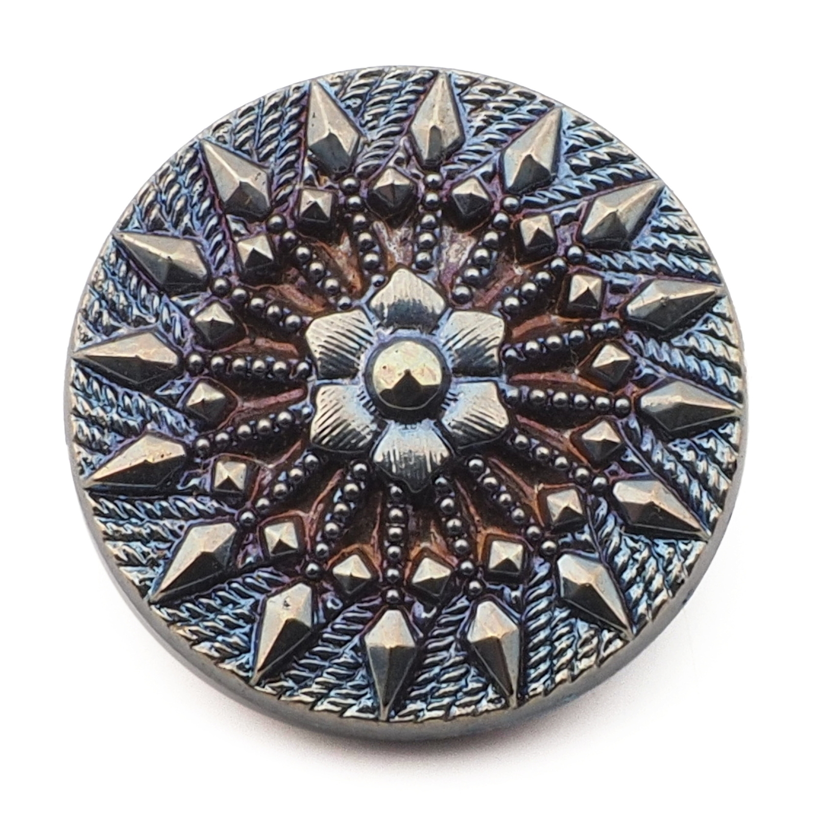 Czech Vintage vitrail iridescent floral starburst black glass button 23mm