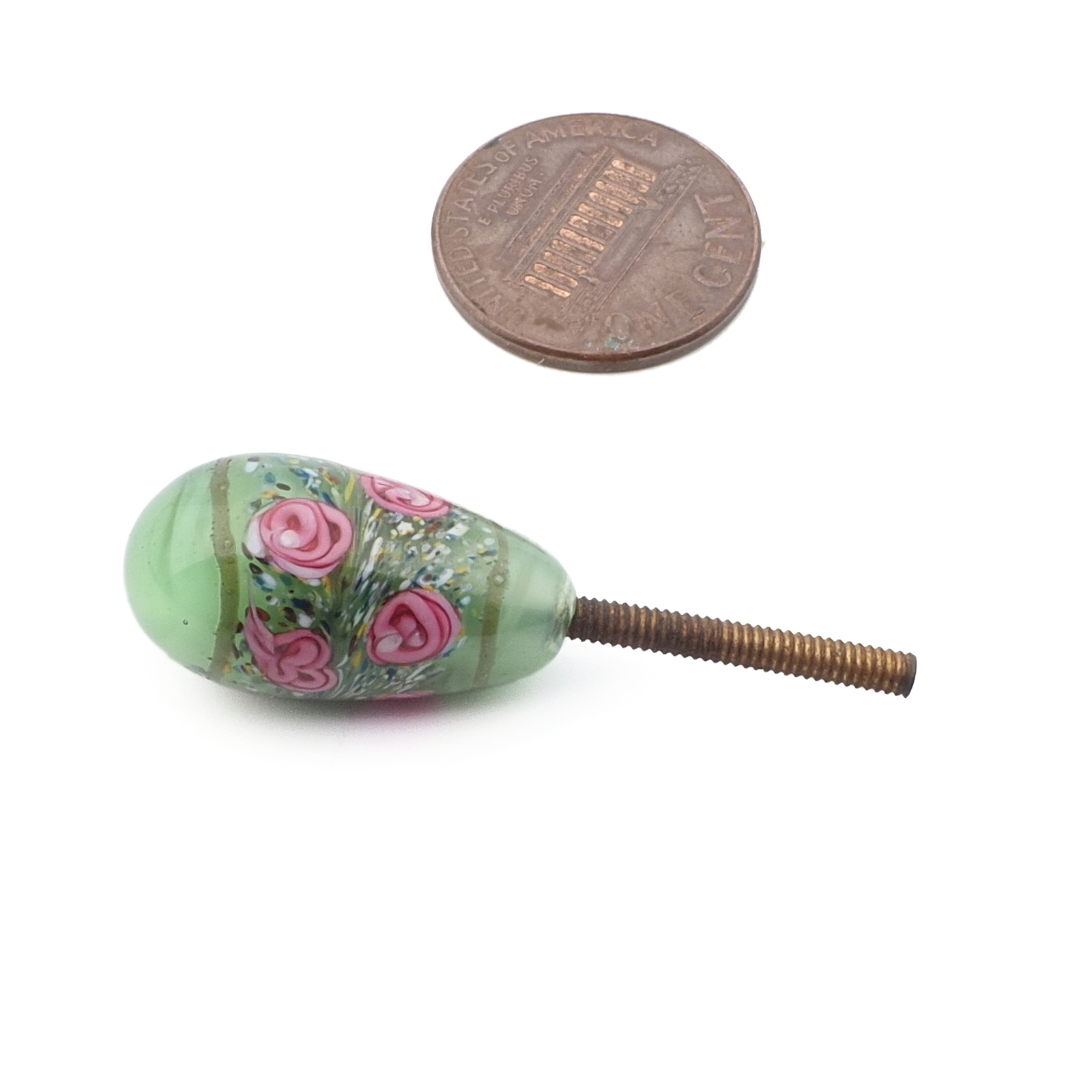 Vintage Czech pink floral green satin oval lampwork glass chandelier finial screw thread bead