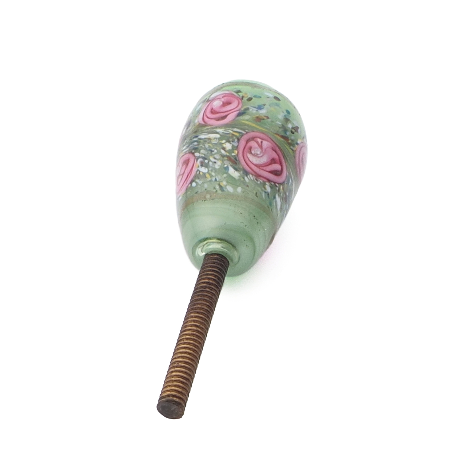 Vintage Czech pink floral green satin oval lampwork glass chandelier finial screw thread bead