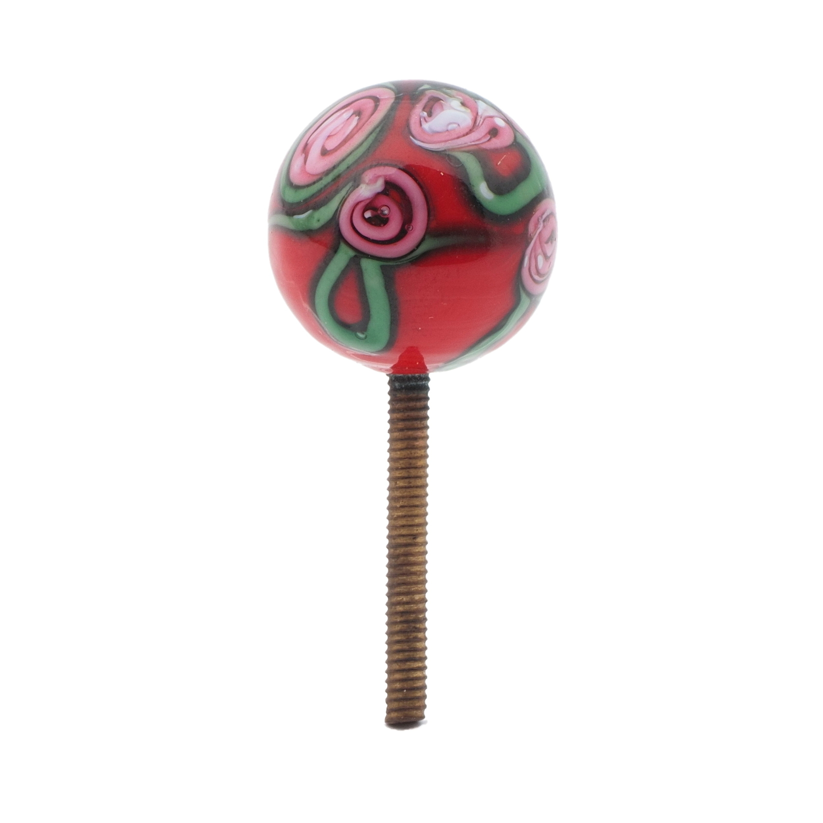 Vintage Czech pink floral red lampwork glass ball chandelier finial threaded bead