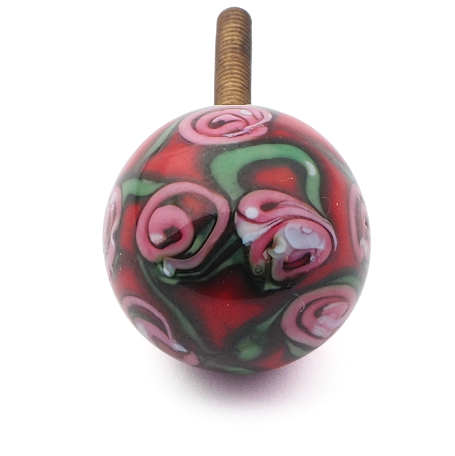 Vintage Czech pink floral red lampwork glass ball chandelier finial screw thread bead