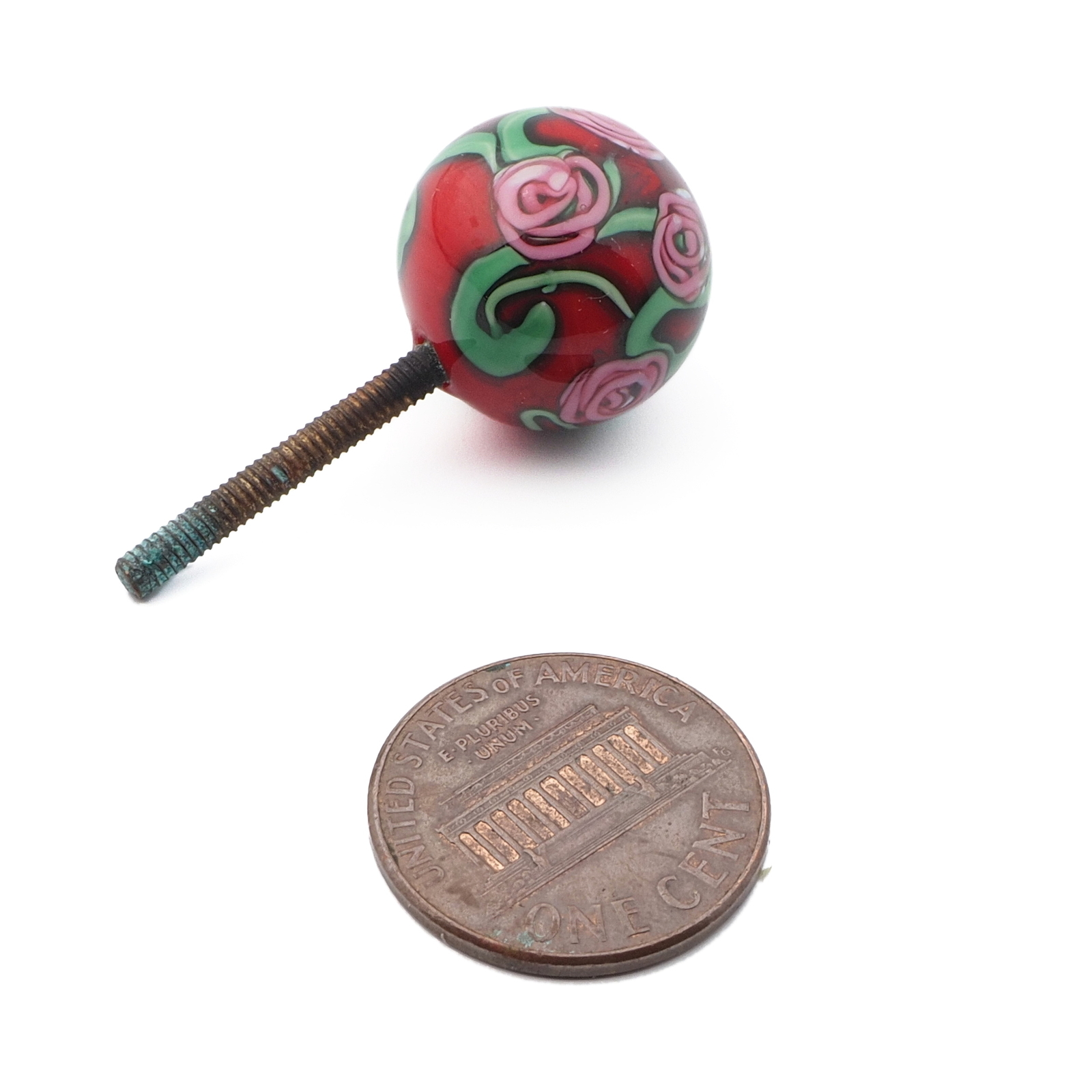 Vintage Czech pink floral red lampwork glass ball chandelier finial screw thread bead